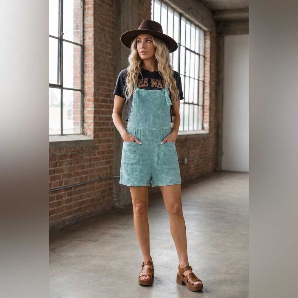NWT Textured Gauze Washed Dusty Teal Knot Strap Jumper Overalls Shortalls Romper - Picture 4 of 5